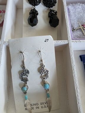Kokapelli Sterling Silver Turquoise Drop Feather Earrings - Blue